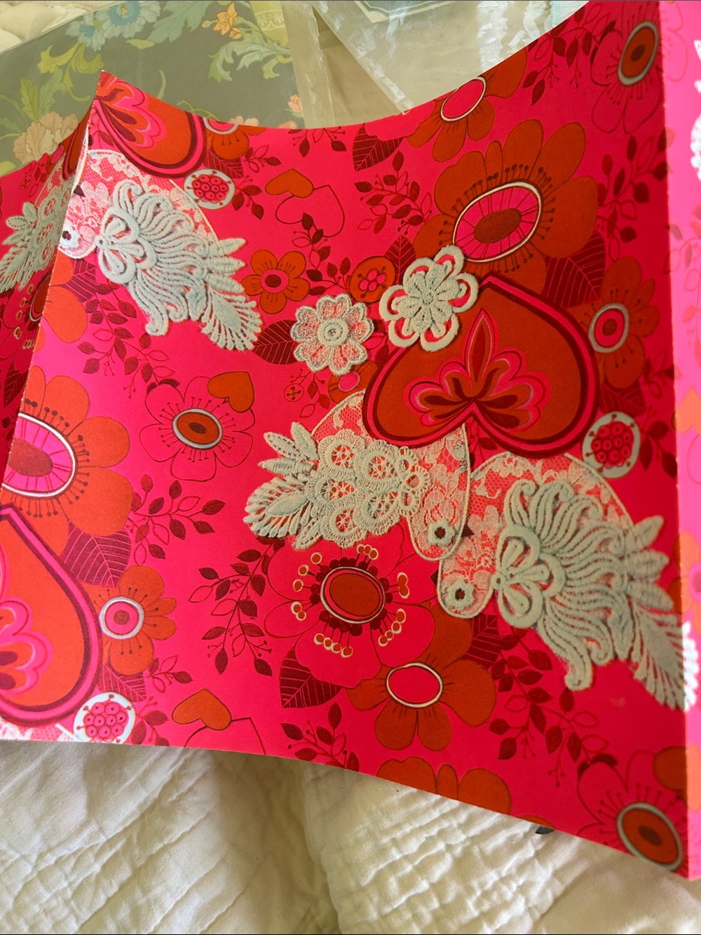 Vintage  Vibrant Pink & Orange Floral Decorative Gift wrap with Lace Appliqué 1
